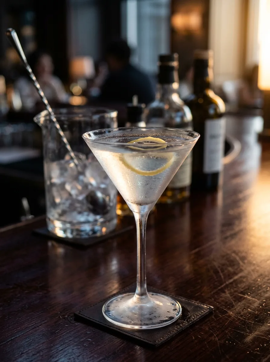 A crystal-clear dry martini in a chilled martini glass with a lemon twist.