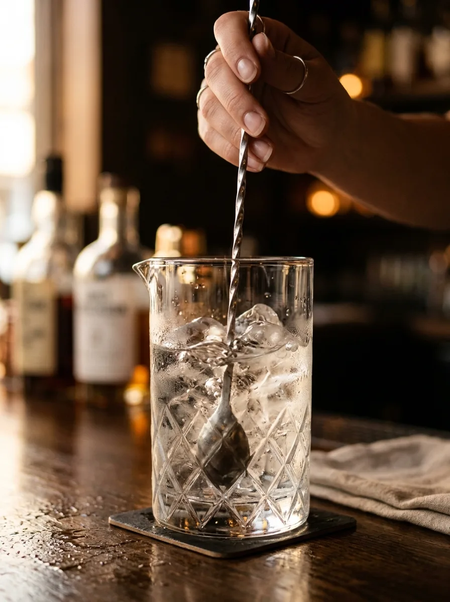 A martini being stirred in a crystal mixing glass with a long bar spoon.