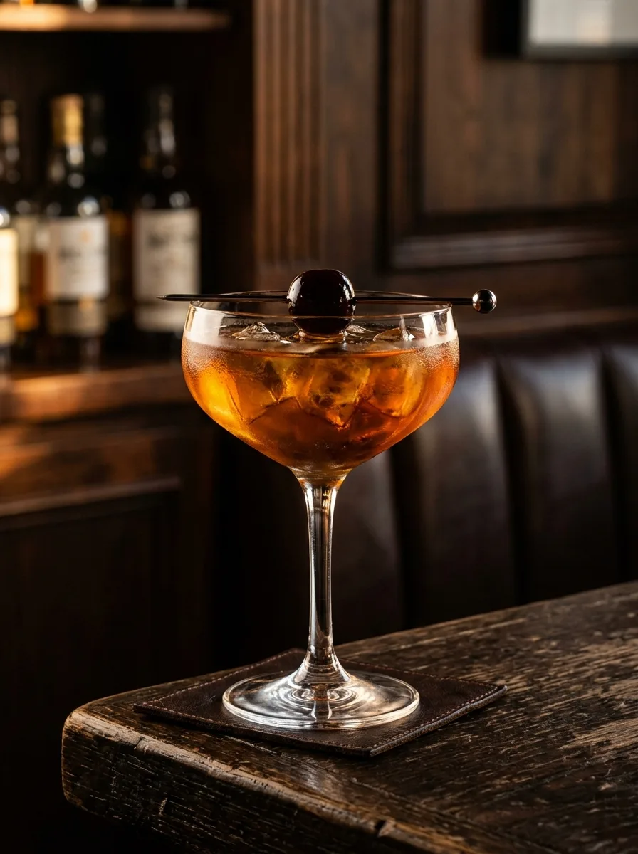 A Manhattan in a coupe with a dark cocktail cherry.