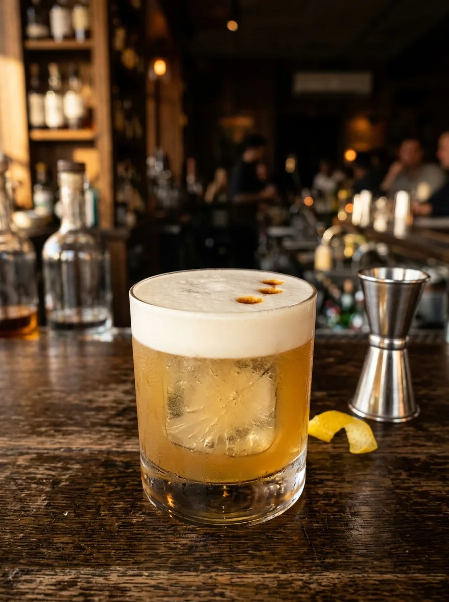 A whiskey sour in a rocks glass with a thick foam top and bitters drops.