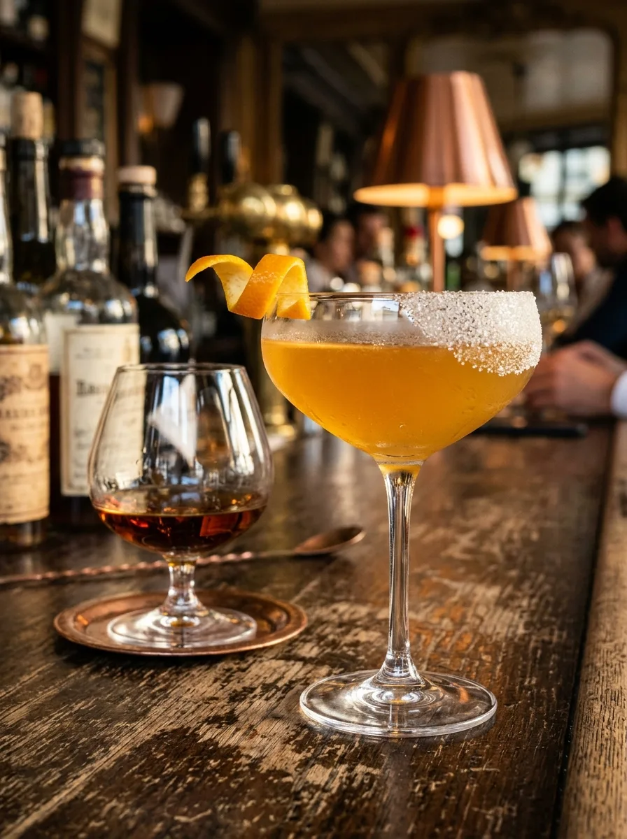 A golden sidecar in a coupe with a half sugar rim and an orange twist.