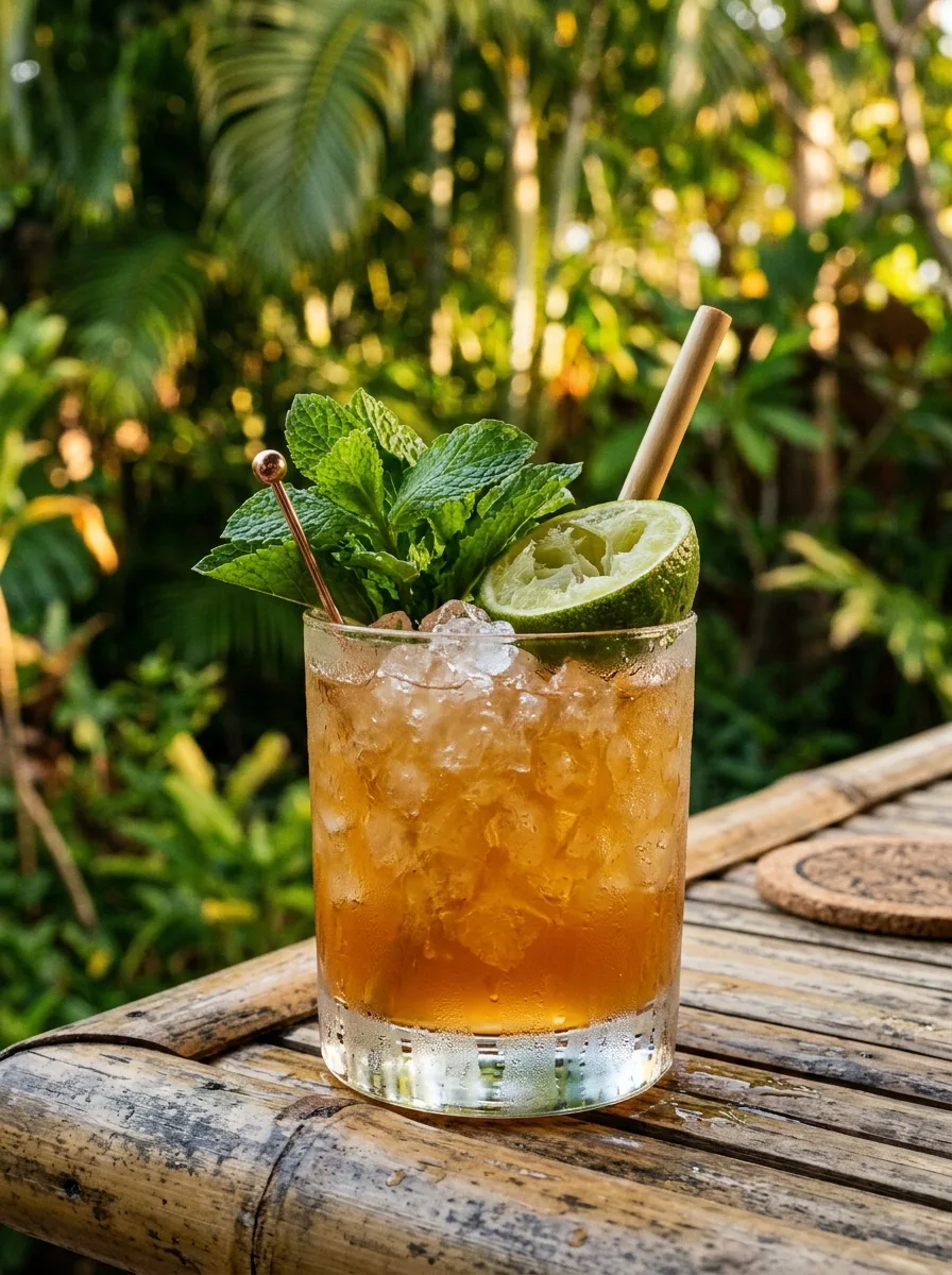 A mai tai over crushed ice with a mint sprig and a spent lime shell.