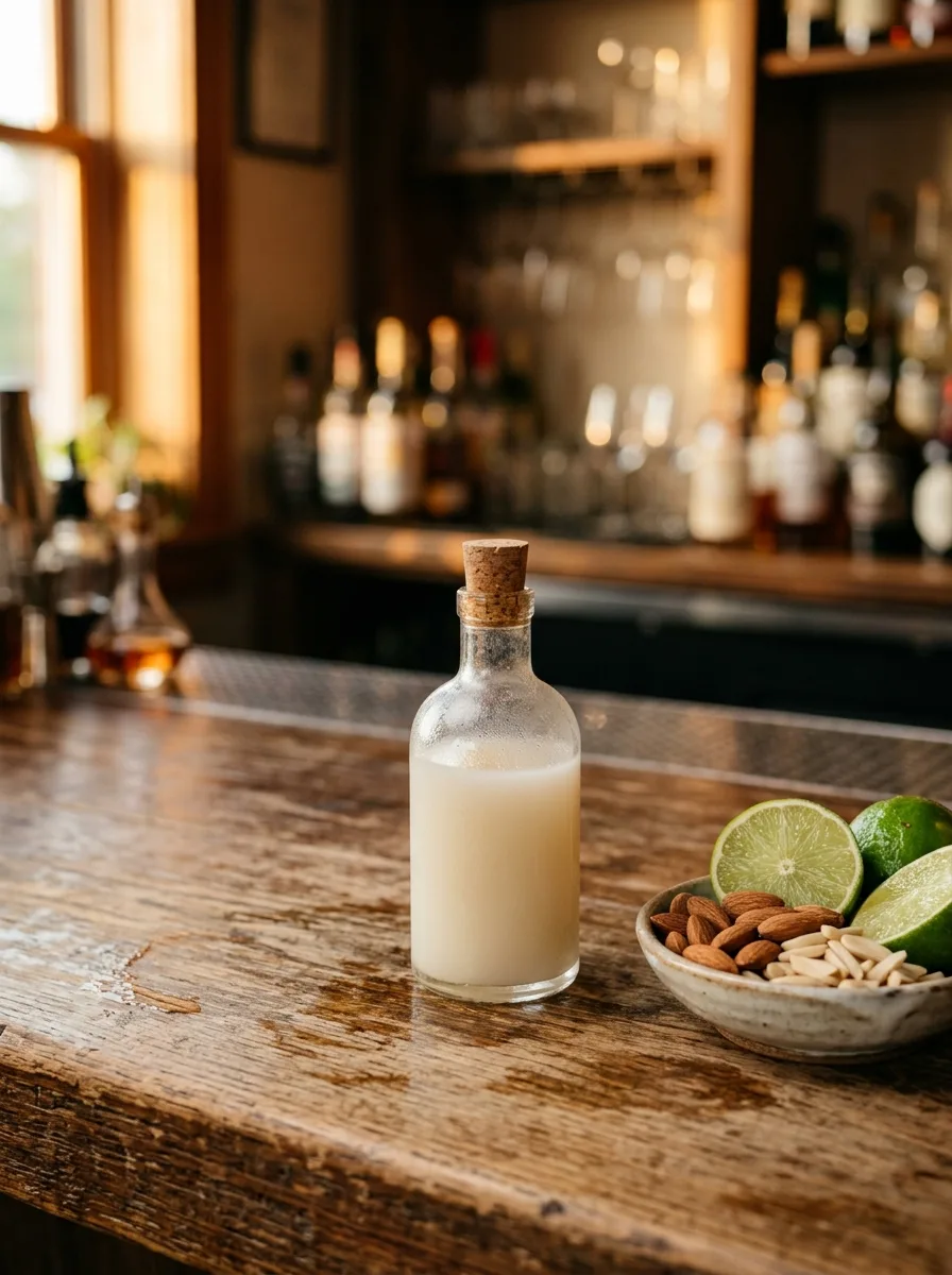 A bottle of orgeat without a label next to almonds and limes.