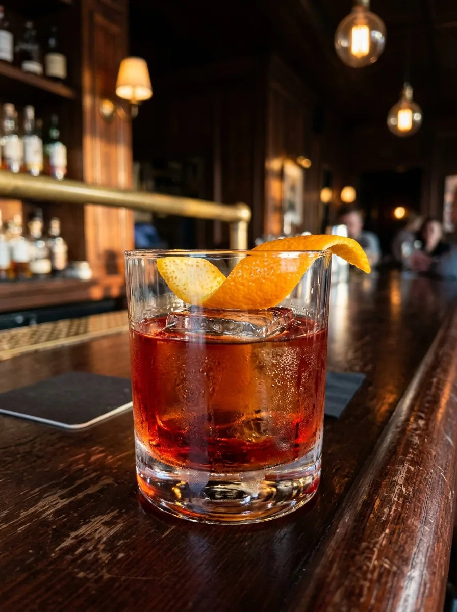 A ruby Boulevardier in a rocks glass over a large ice cube with an orange peel.
