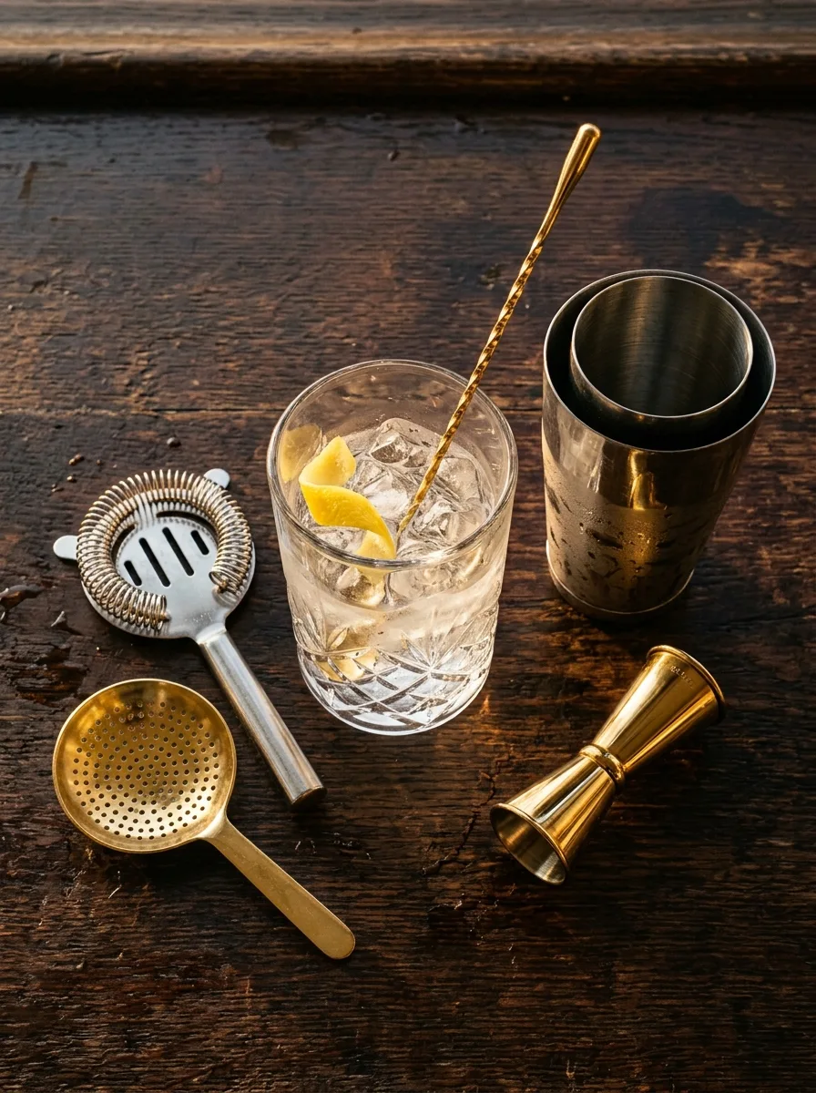 Bar tools laid out: mixing glass, bar spoon, jigger, strainers, and a shaker.