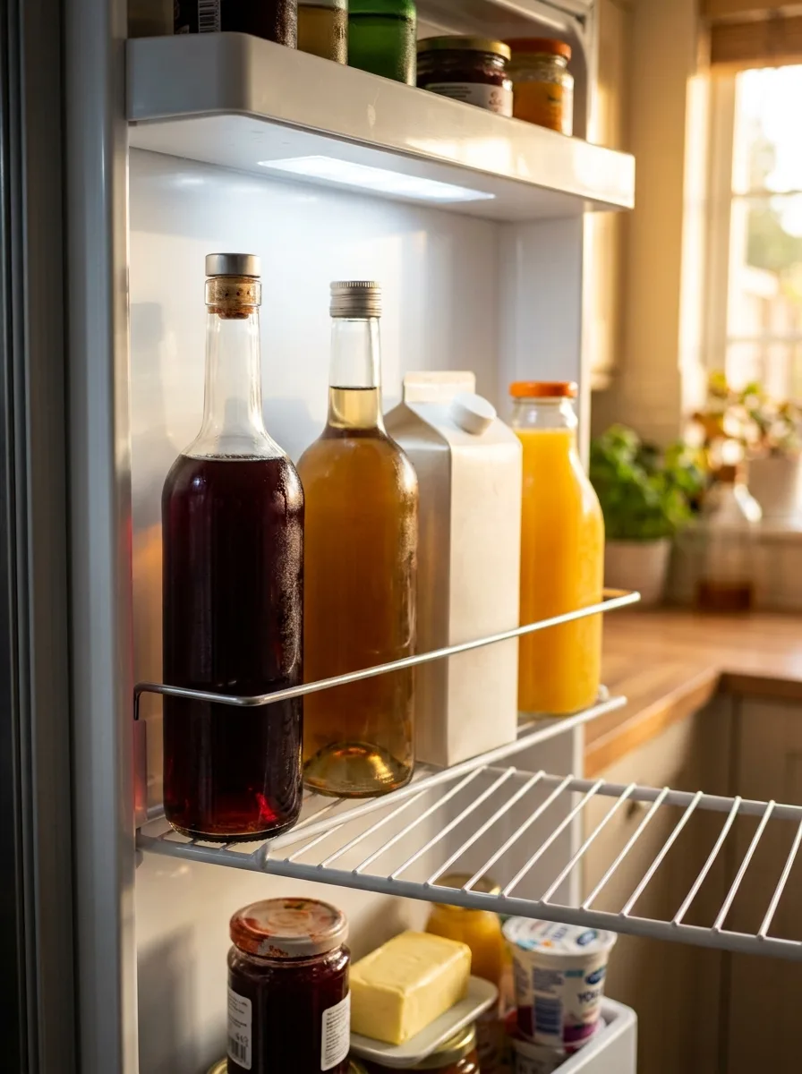 Vermouth bottles without labels in a refrigerator door.