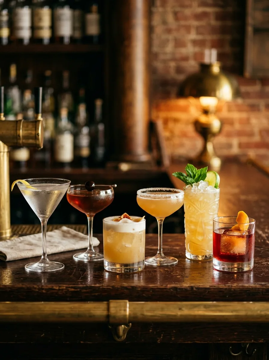 All six classic cocktails lined up on a vintage bar.