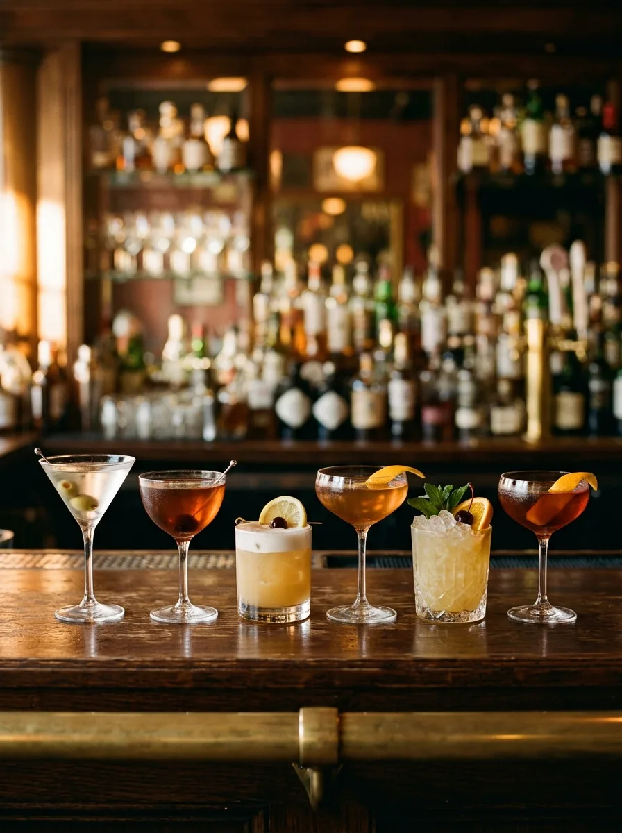 Six classic cocktails on a dark vintage bar: a martini with a lemon twist, a Manhattan with a cherry, a frothy whiskey sour, a sugar-rimmed sidecar, a mai tai with mint, and a Boulevardier.