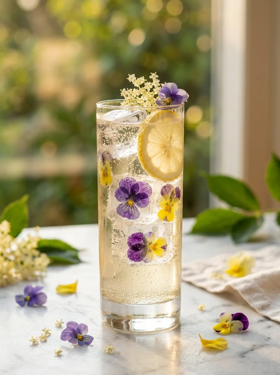 A tall elderflower collins with clear ice cubes containing frozen edible flowers.