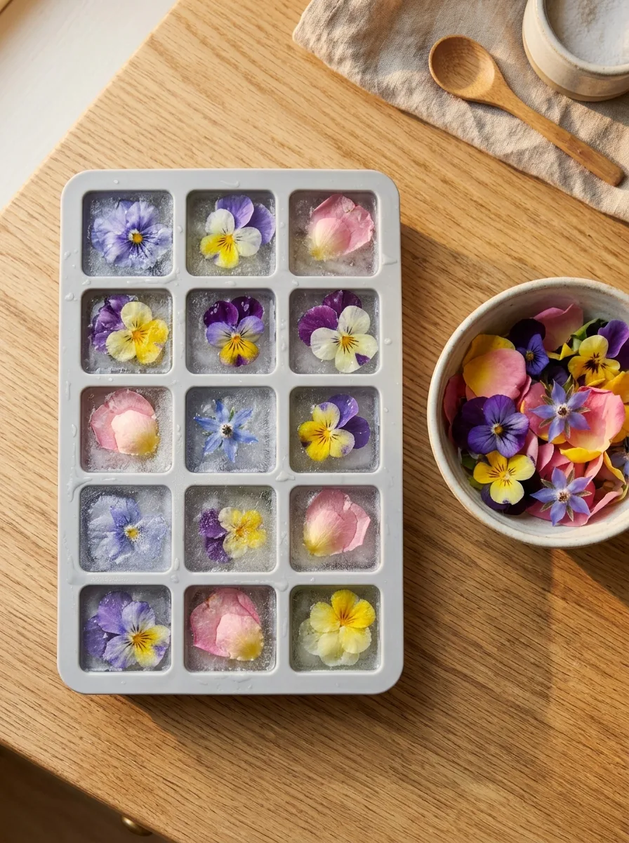 An ice cube tray with edible flowers frozen in water.