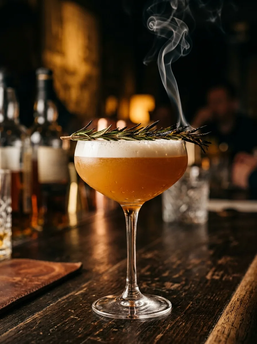 A maple sour in a coupe with a smoking torched rosemary sprig on top.