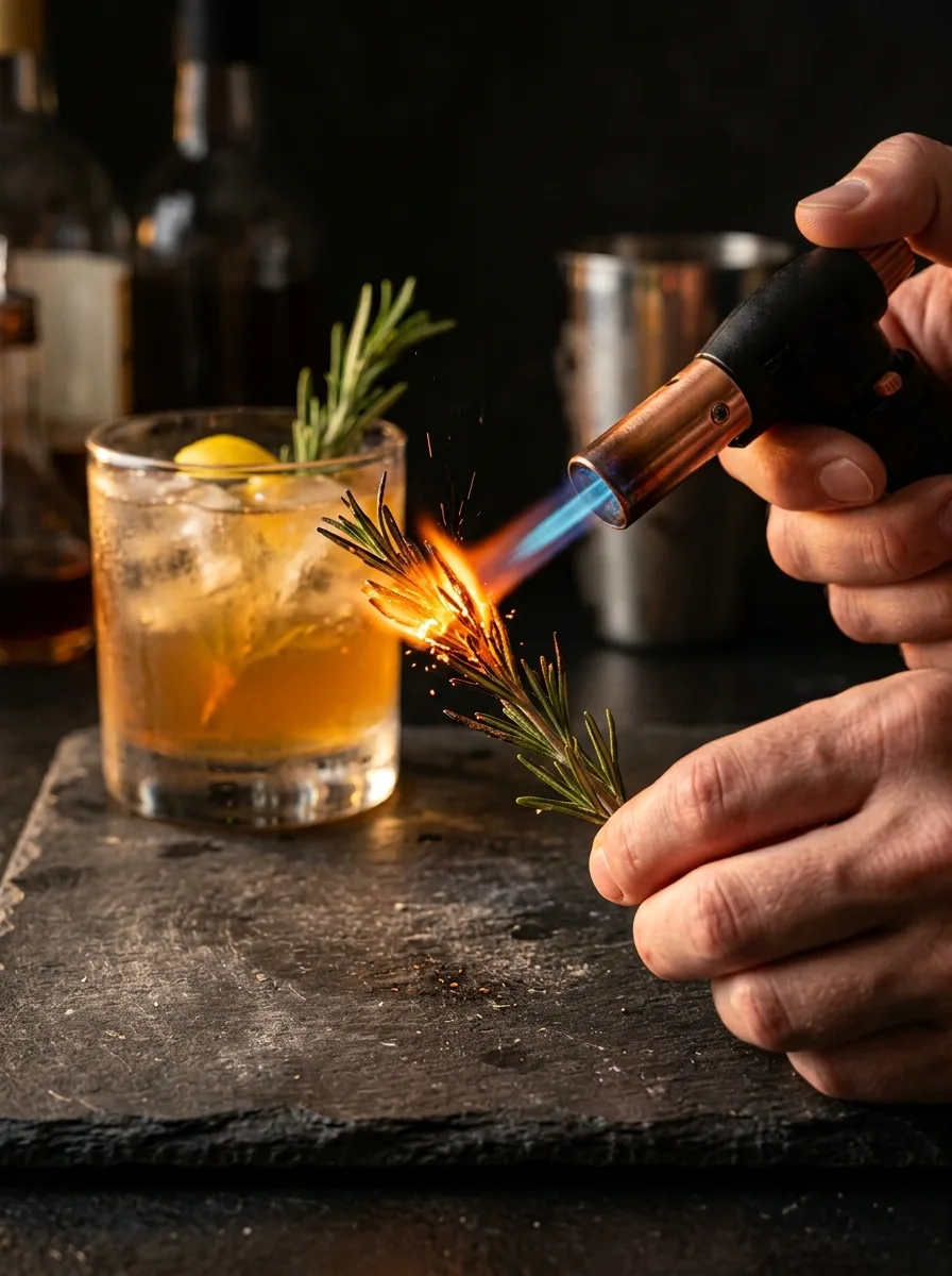 A small kitchen torch lighting the tip of a rosemary sprig.