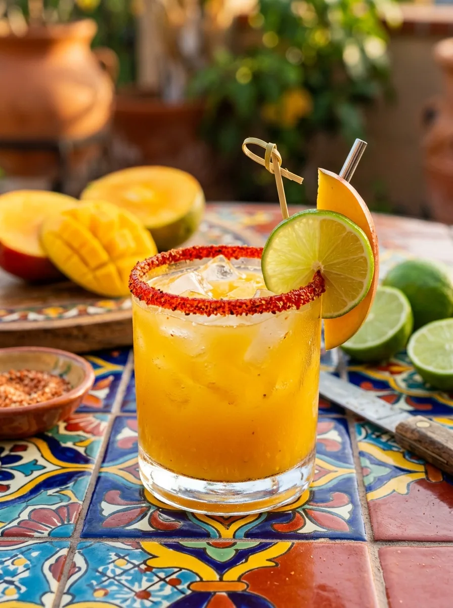 A mango margarita with a bright red chili-lime salt rim and a lime wheel.