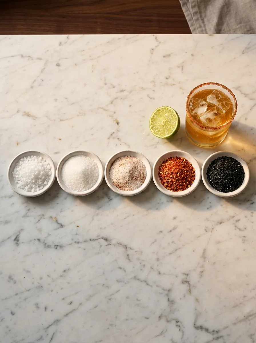 Small plates of rim mixes: flaky salt, sugar, cinnamon sugar, chili-lime, and black sugar.