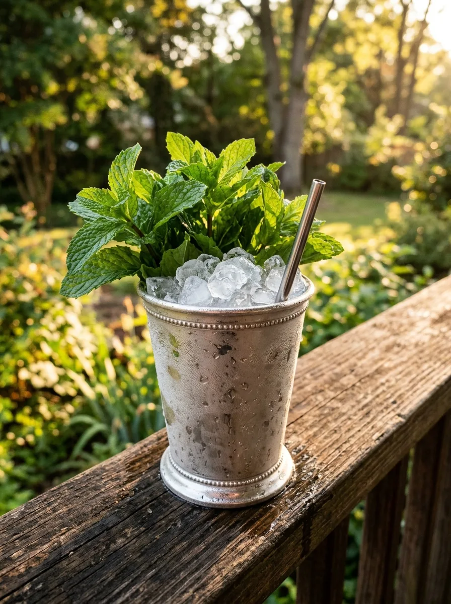 A mint julep in a frosty metal cup with a big mint bouquet and crushed ice.