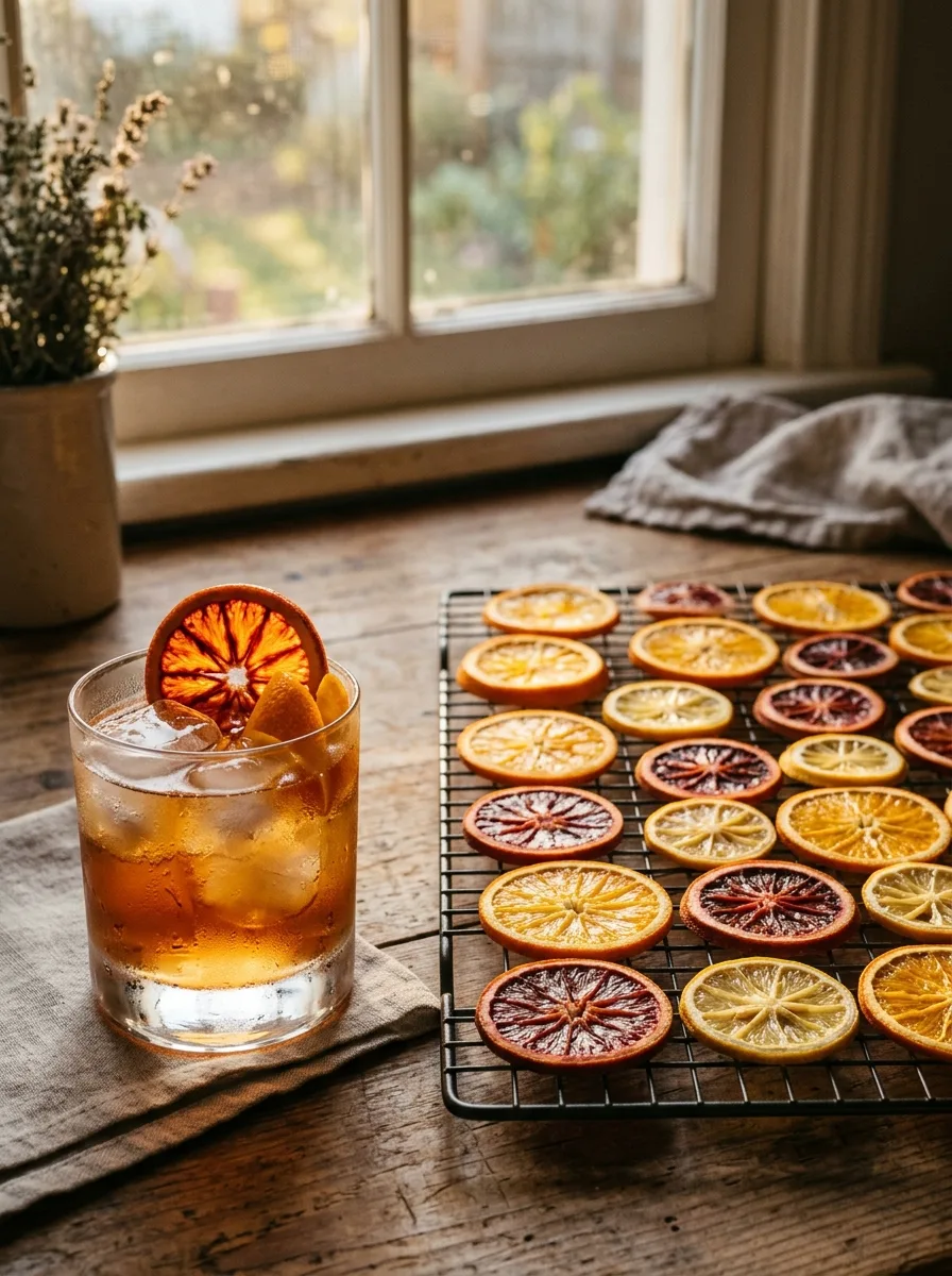 Dehydrated orange, lemon, and blood orange wheels on a baking rack.