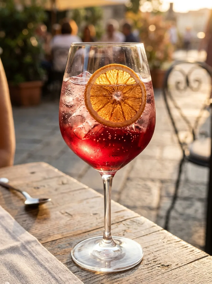 A ruby aperitivo tonic in a wine glass with a dehydrated orange wheel.