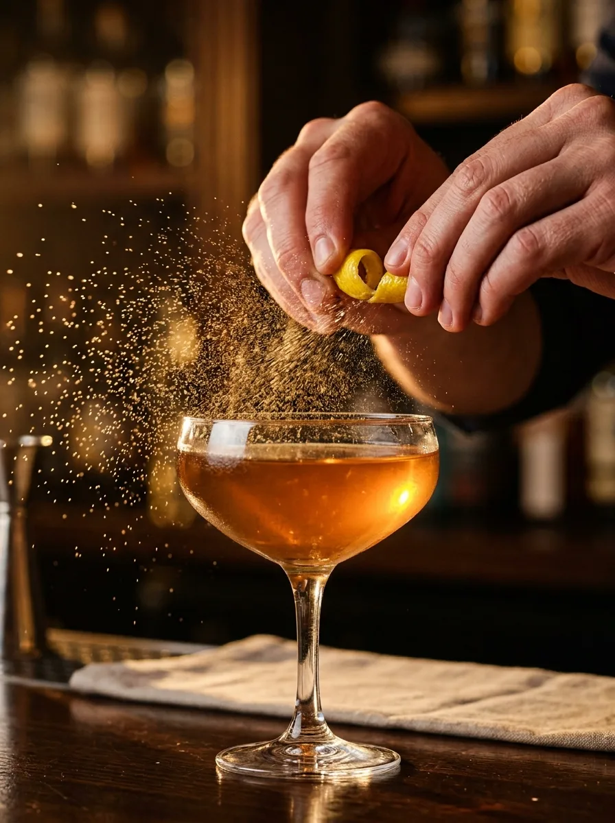 Close-up of a long lemon twist being expressed over a coupe.