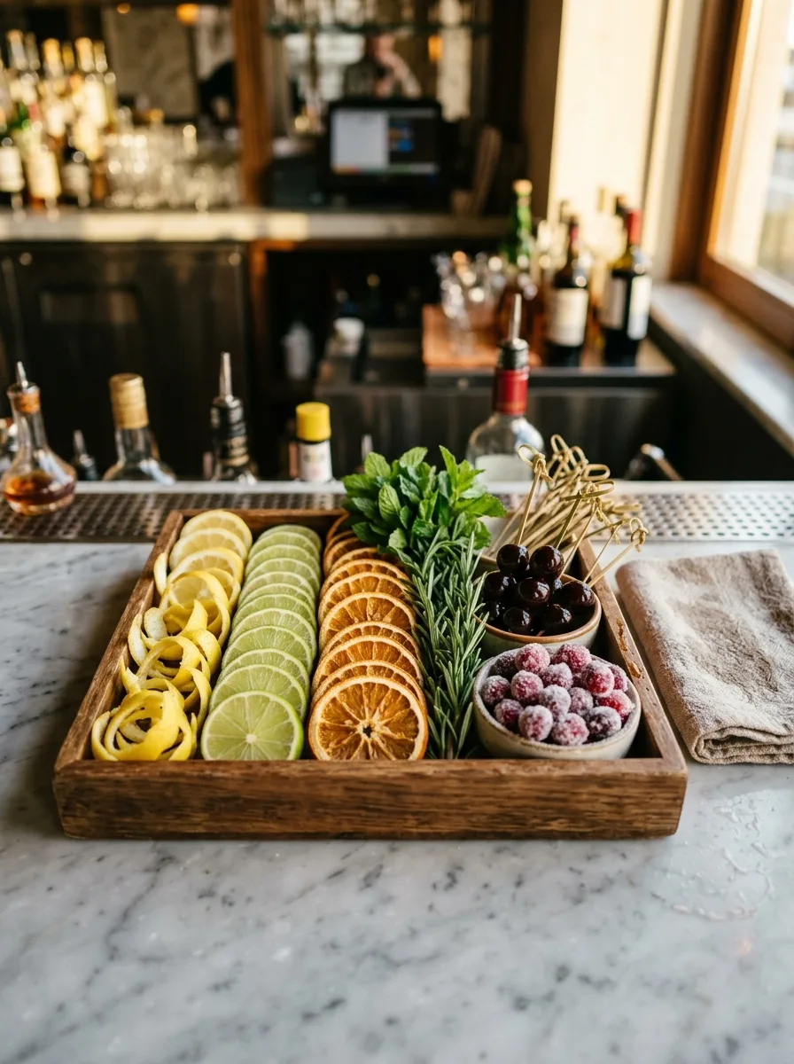 A garnish tray prepared before a party: twists, wheels, herbs, cherries, and sugared cranberries.