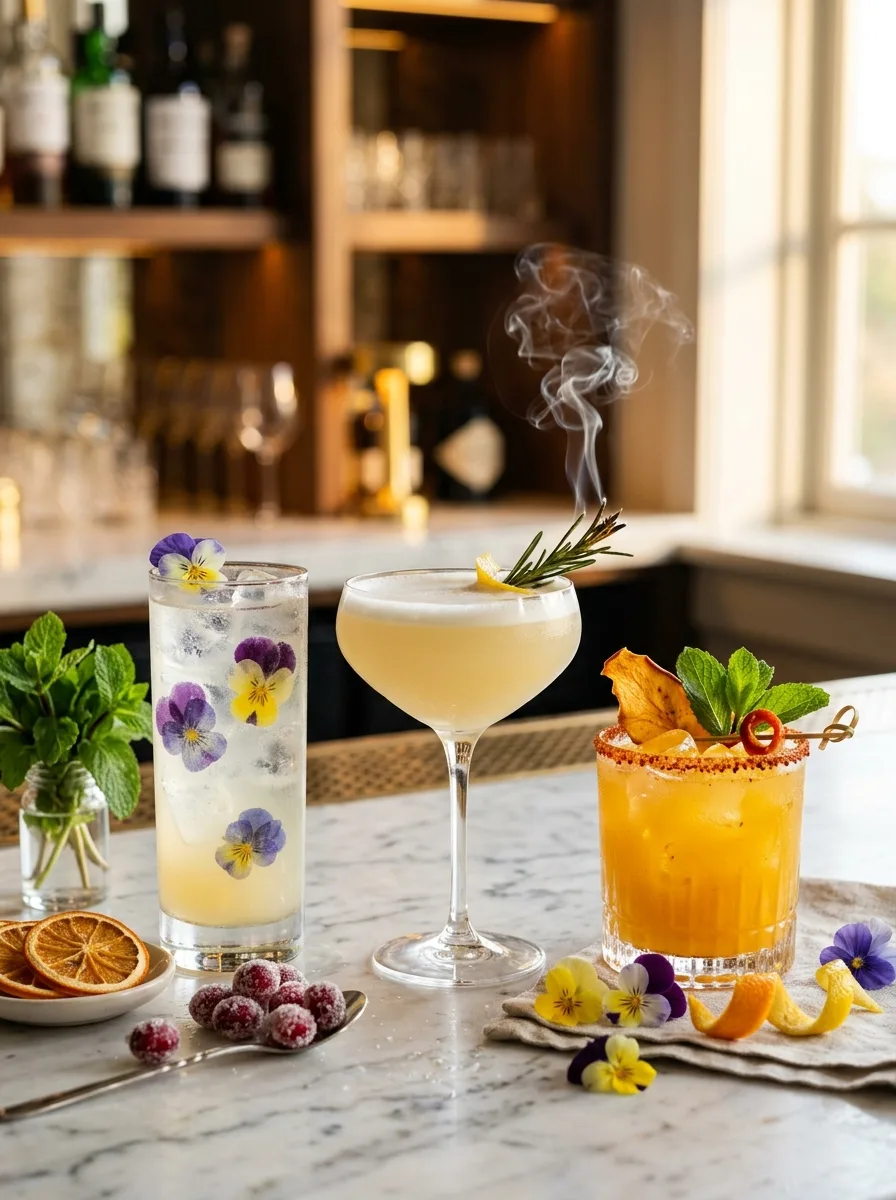 Five beautifully garnished drinks lined up on a marble bar.