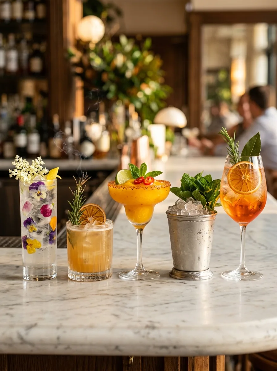 Beautiful garnished cocktails on a marble bar: a collins with edible flower ice cubes, a sour with a smoking rosemary sprig, and a margarita with a chili-lime rim, surrounded by dried orange wheels and herbs.