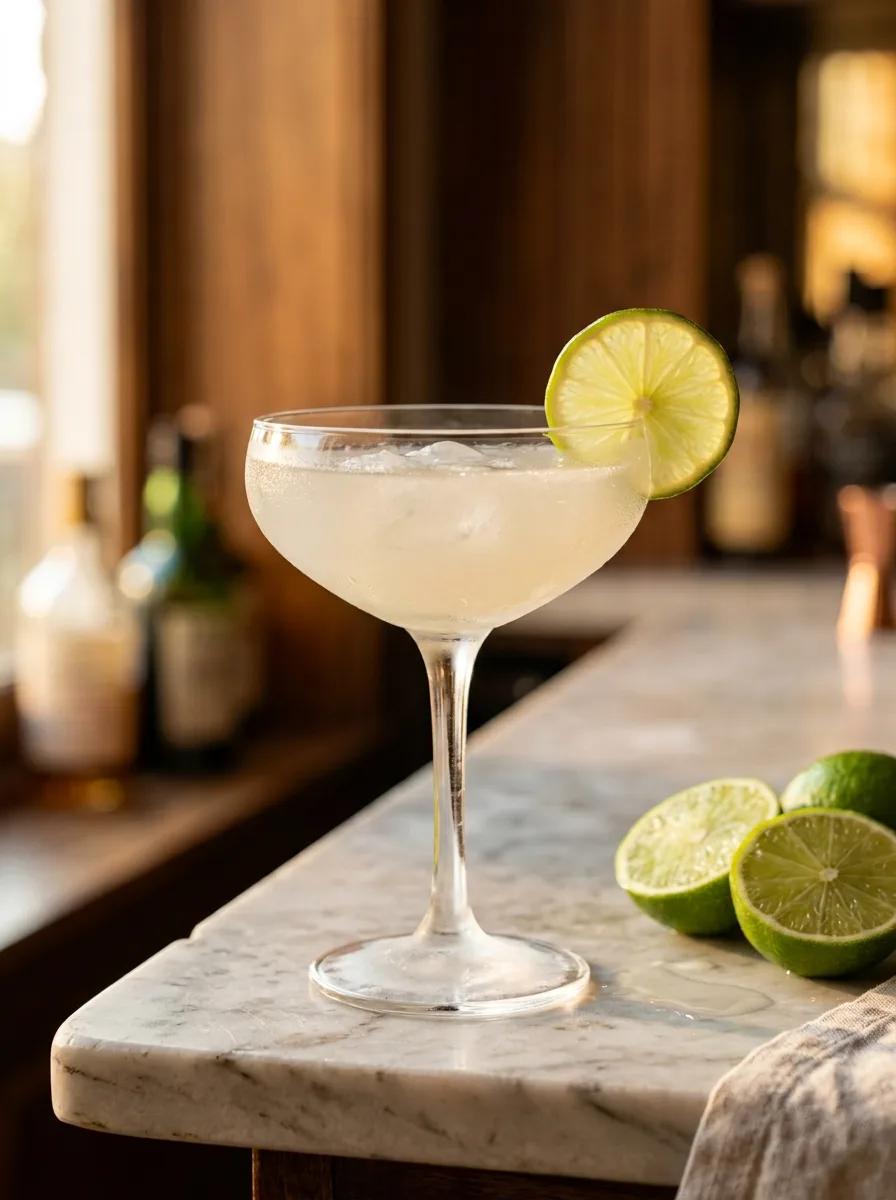A classic daiquiri in a chilled coupe with a thin lime wheel.