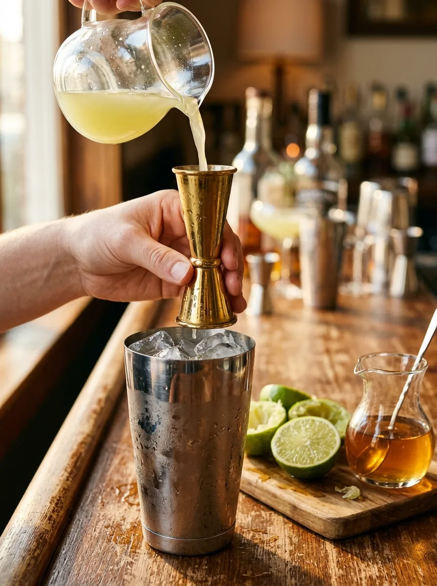 A jigger measuring lime juice over a shaker tin.