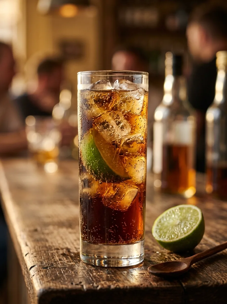 A Cuba libre in a highball with cola, ice, and a lime wedge.