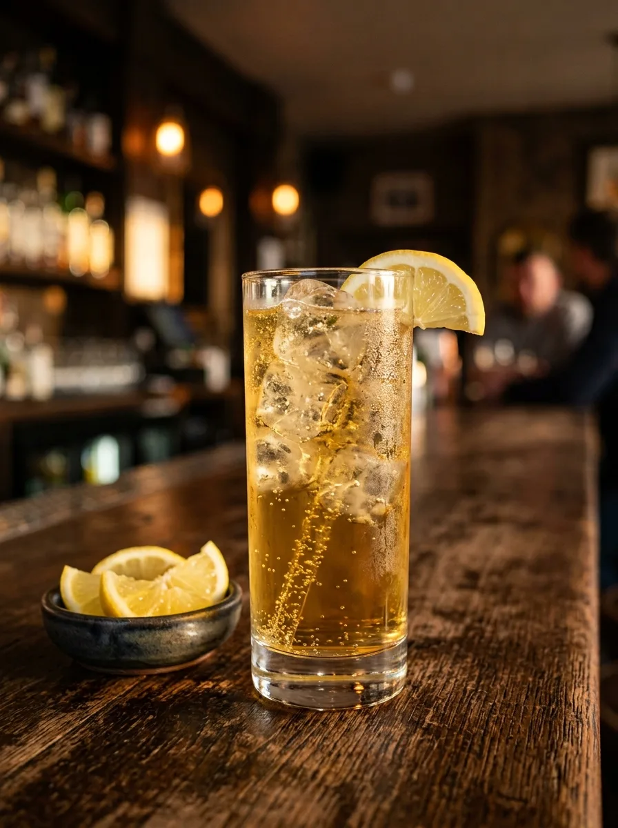 A whiskey ginger highball with a lemon wedge.