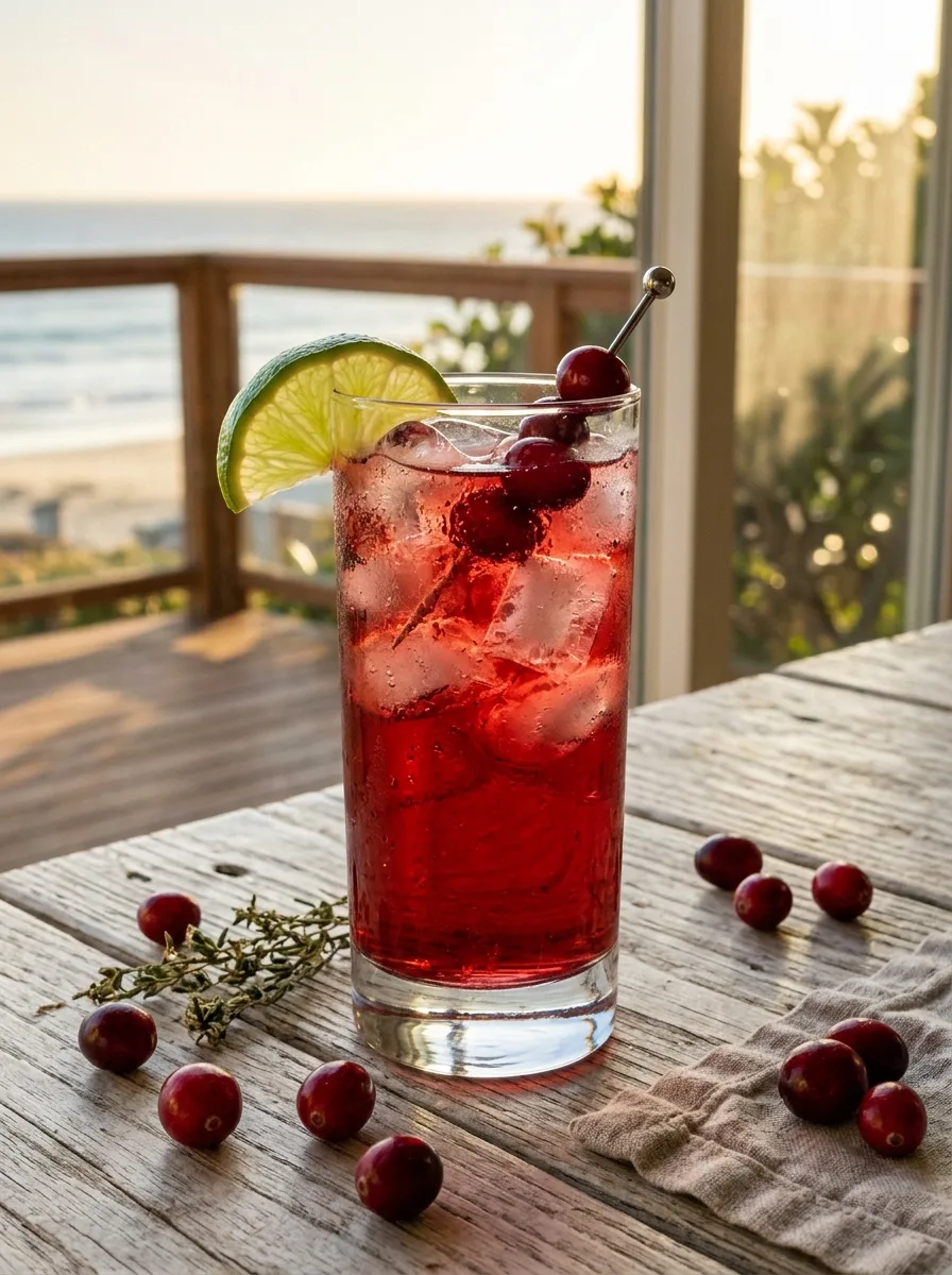 A red Cape Codder in a highball with a lime wedge and ice.
