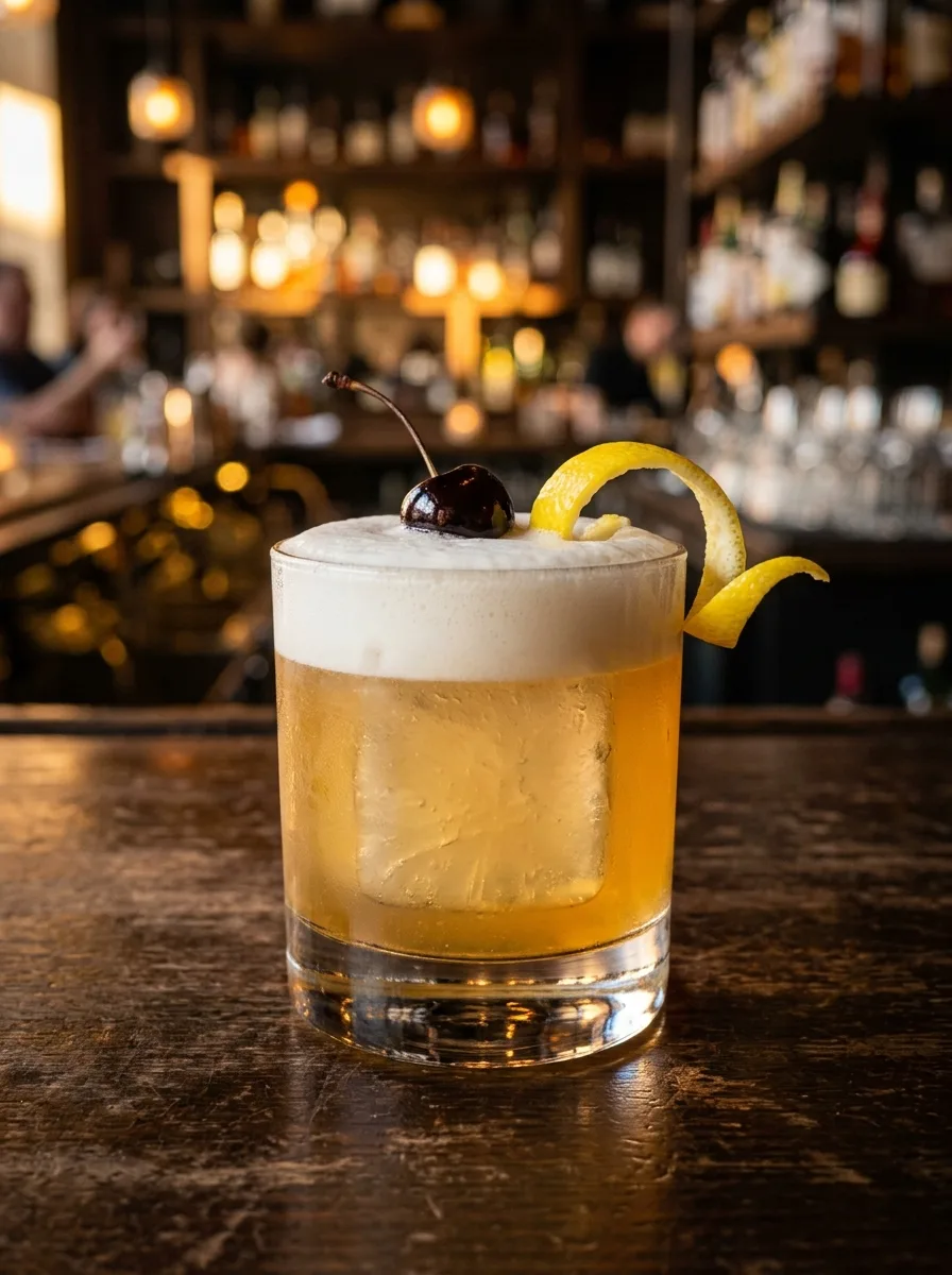 A frothy amaretto sour in a rocks glass with a cherry and lemon.
