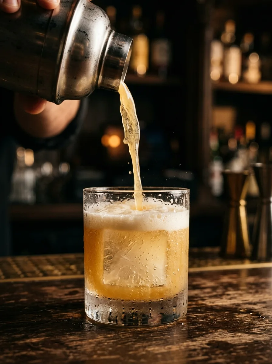 Shaking an amaretto sour, with foam visible when poured.
