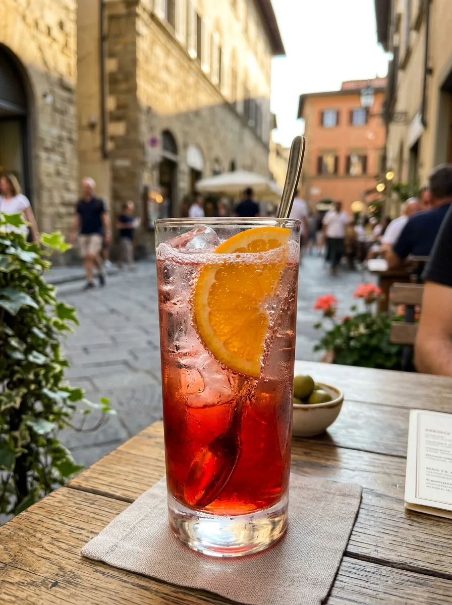 A ruby Americano in a highball with an orange slice and soda bubbles.