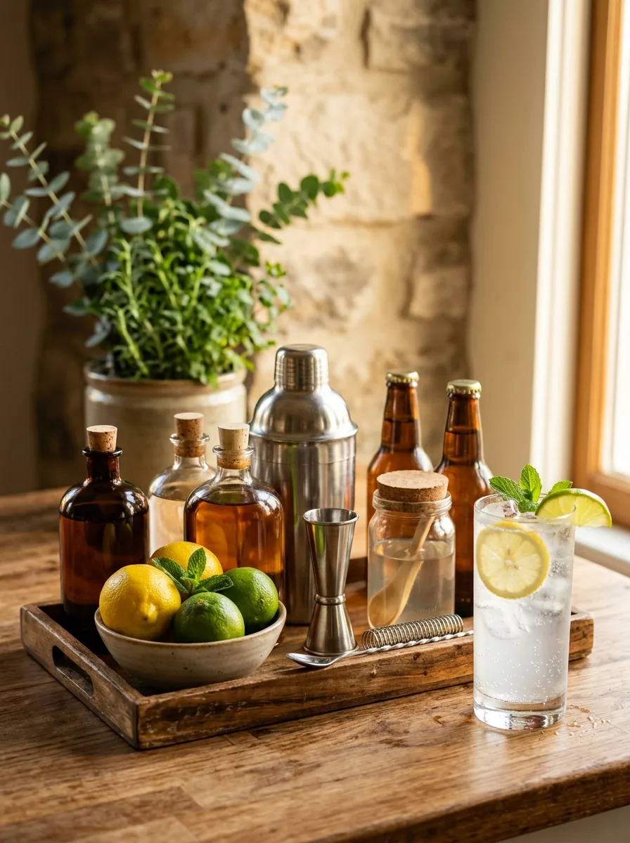 A minimal home bar: three bottles, citrus, a jigger, and a shaker.