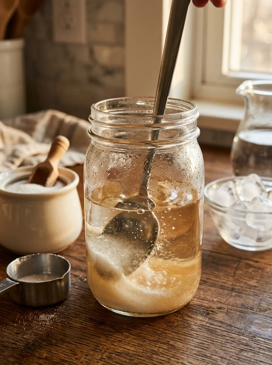 Simple syrup being made by stirring sugar into water in a jar.