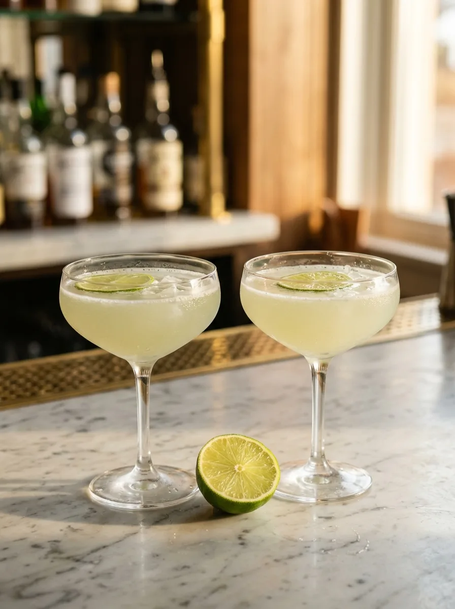 A daiquiri and its zero-proof twin side by side in coupes.