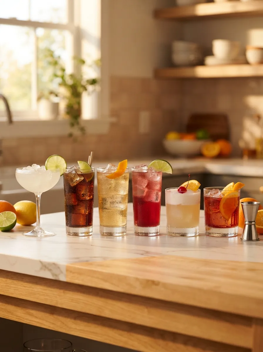 All six easy cocktails lined up on a kitchen counter.