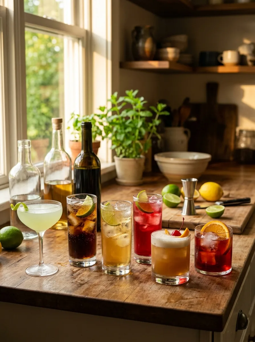 Six simple cocktails on a kitchen counter with just a few bottles and citrus: a daiquiri, a Cuba libre, a whiskey ginger, a Cape Codder, an amaretto sour, and an Americano.