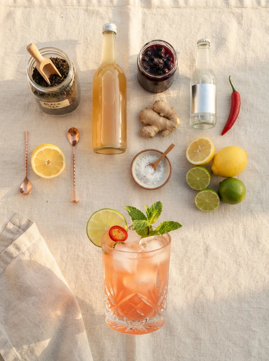 Ingredients that replace alcohol laid out: tea, verjus, shrub, tonic, ginger, chili, and salt.