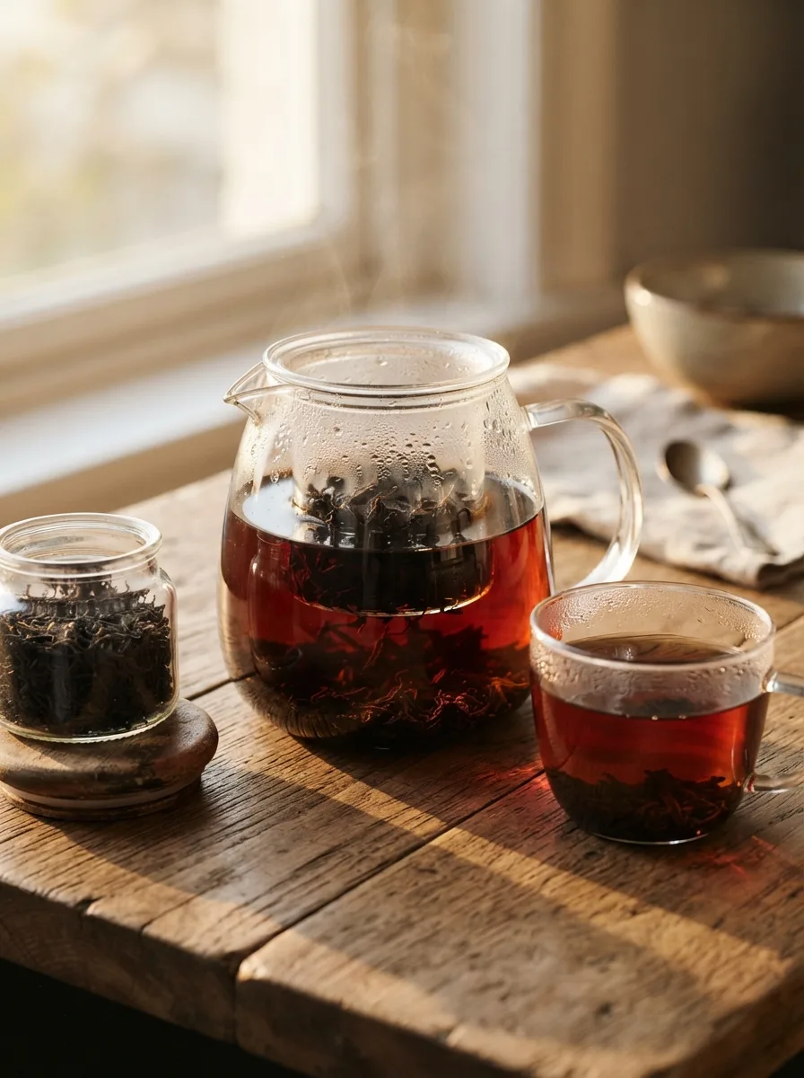 Strong black tea being brewed in a glass teapot for cocktails.