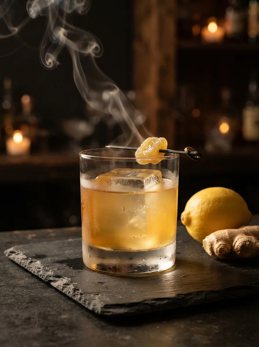 A Penicillin cocktail in a rocks glass with candied ginger on a pick.