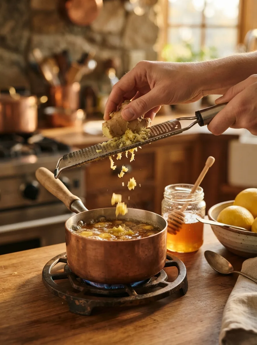 Fresh ginger being grated and a pan of honey-ginger syrup.