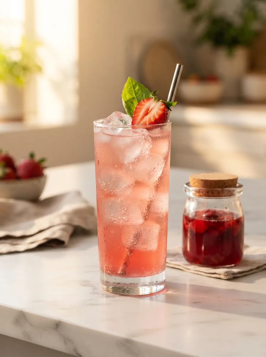 A strawberry shrub collins in a tall glass with a strawberry and basil.