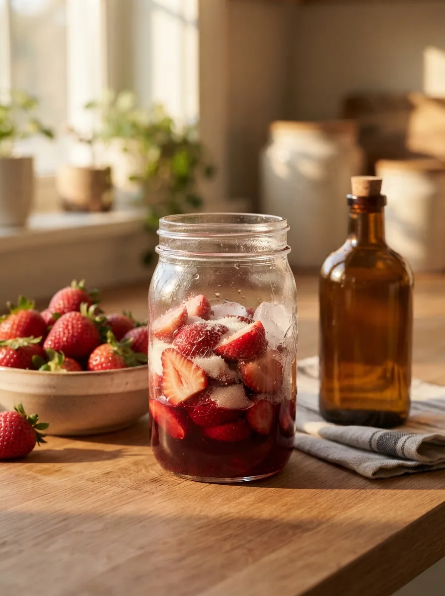 A jar of strawberry shrub with strawberries macerating in sugar and vinegar.