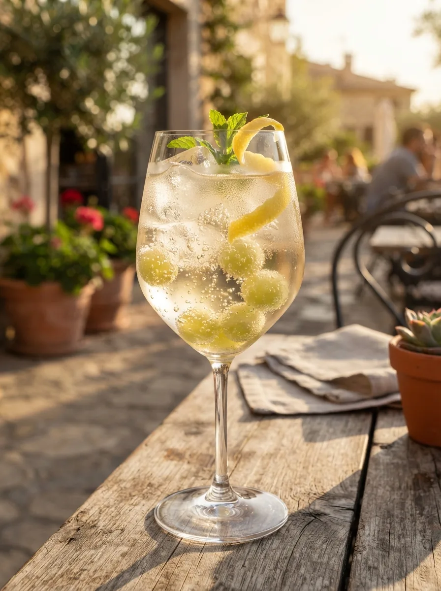A pale golden verjus spritz in a wine glass with ice and green grapes.