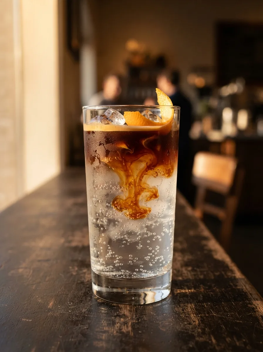 An espresso tonic in a tall glass with layers of tonic and espresso and an orange peel.