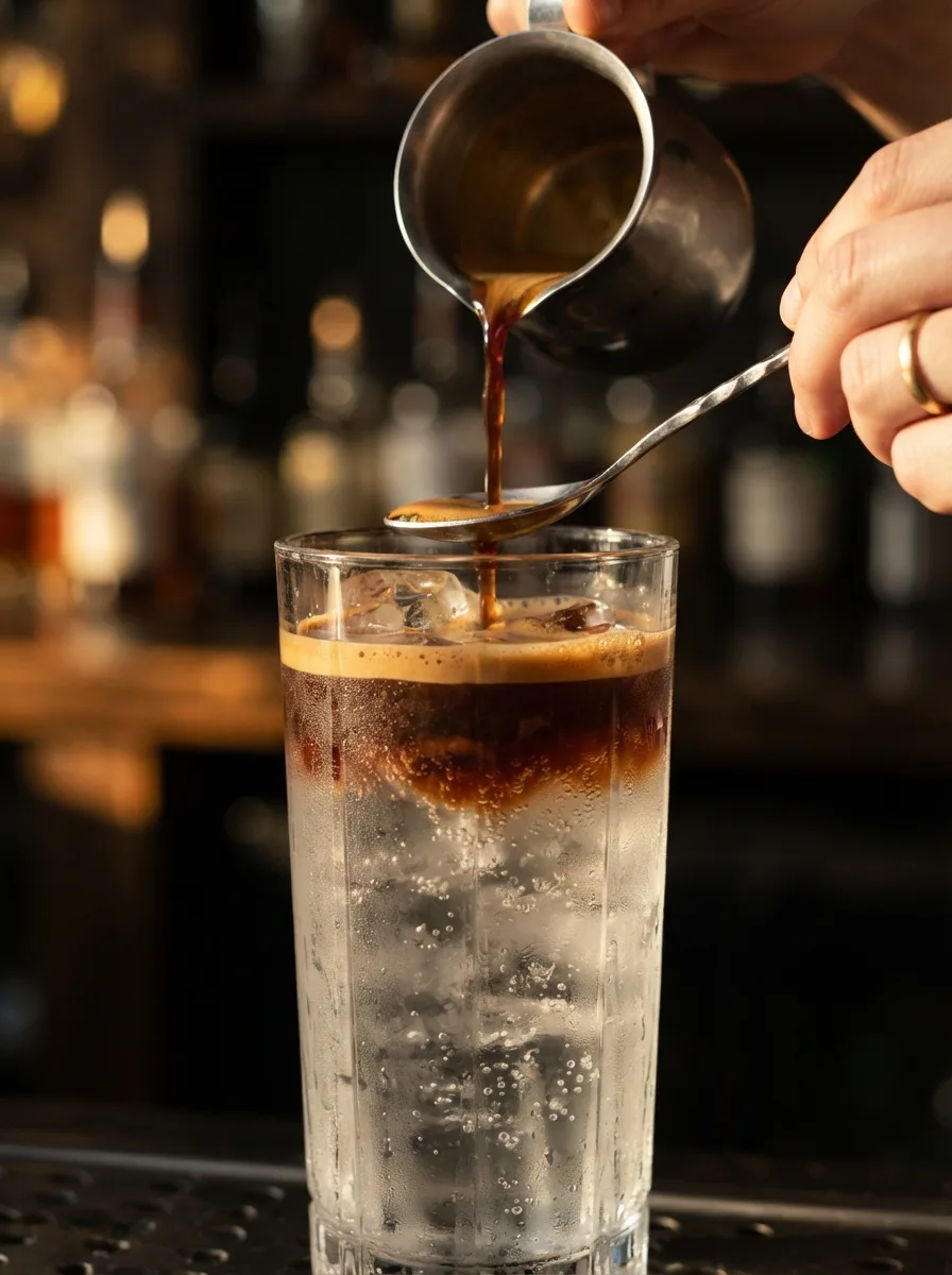 Espresso being poured over the back of a spoon onto tonic water.