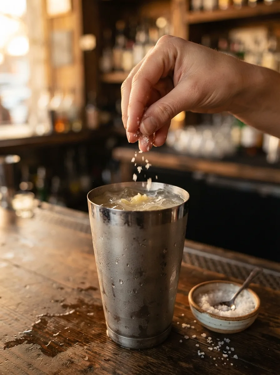 A pinch of flaky salt being added to a cocktail shaker.