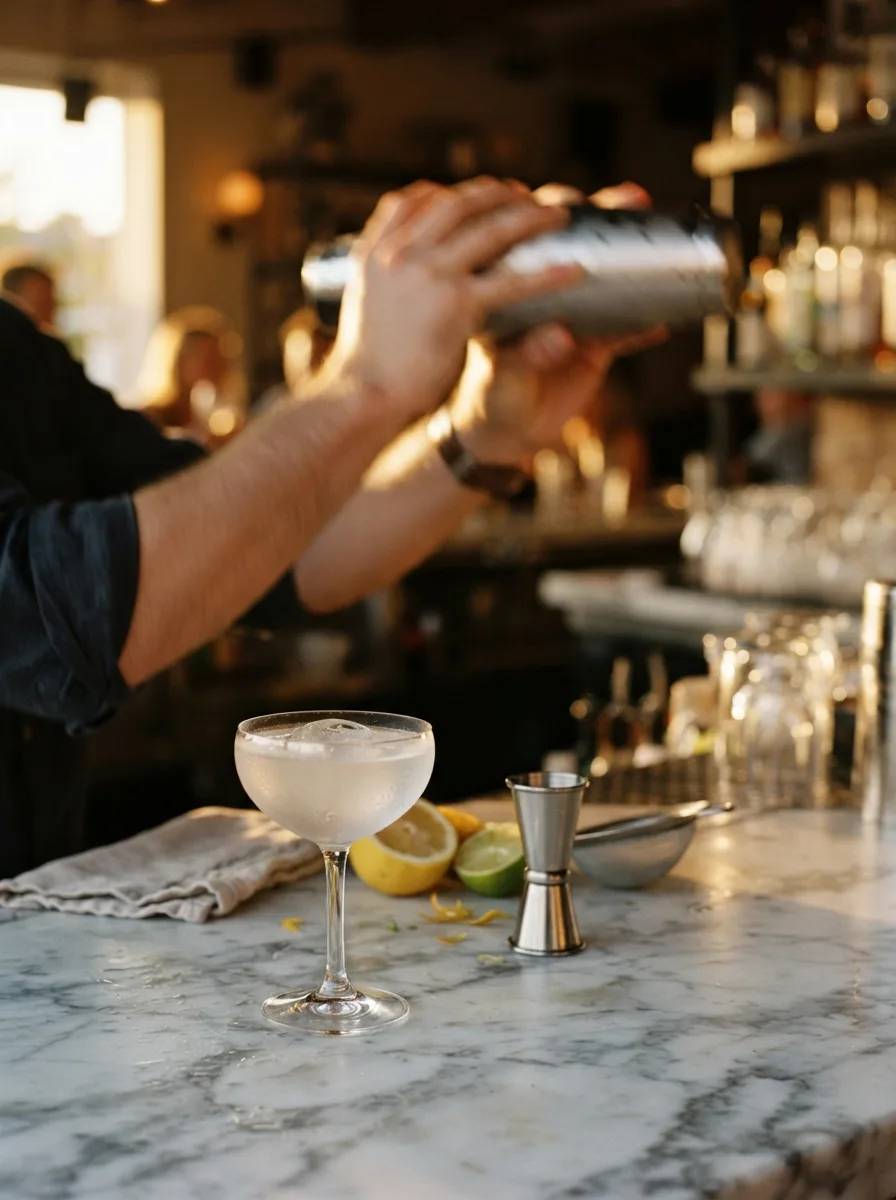 A zero-proof drink being shaken hard in a cocktail shaker.