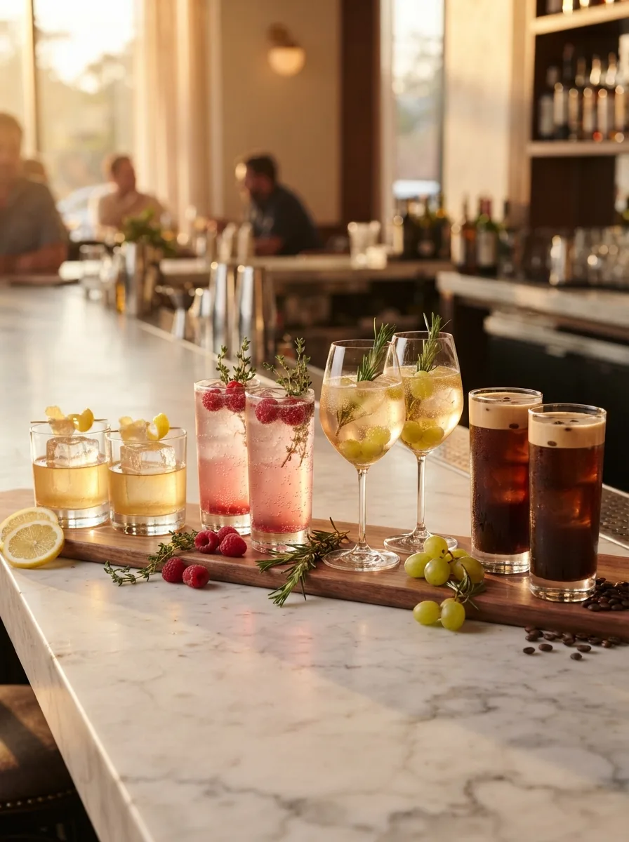 Four finished mocktails from this guide lined up with their cocktail twins.